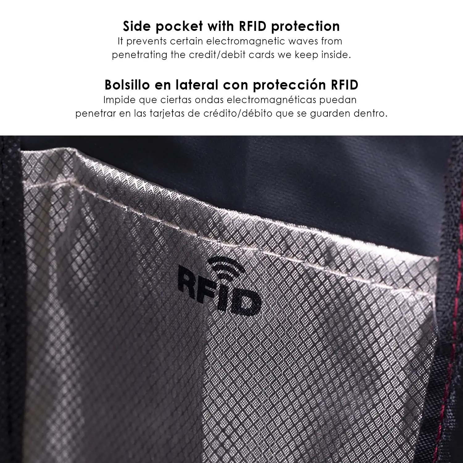 Mochila antirrobo Komplete de poliester 300D, con toma USB exterior. Bolsillo en lateral con protección RFID.