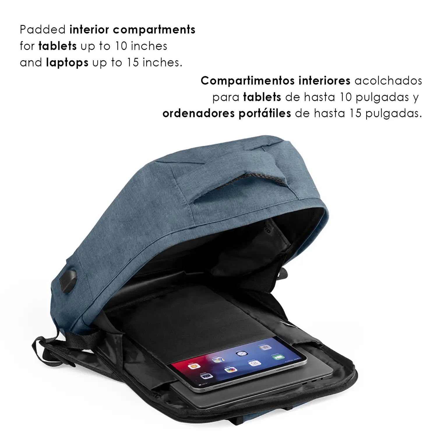 Mochila antirrobo Komplete de poliester 300D, con toma USB exterior. Bolsillo en lateral con protección RFID.