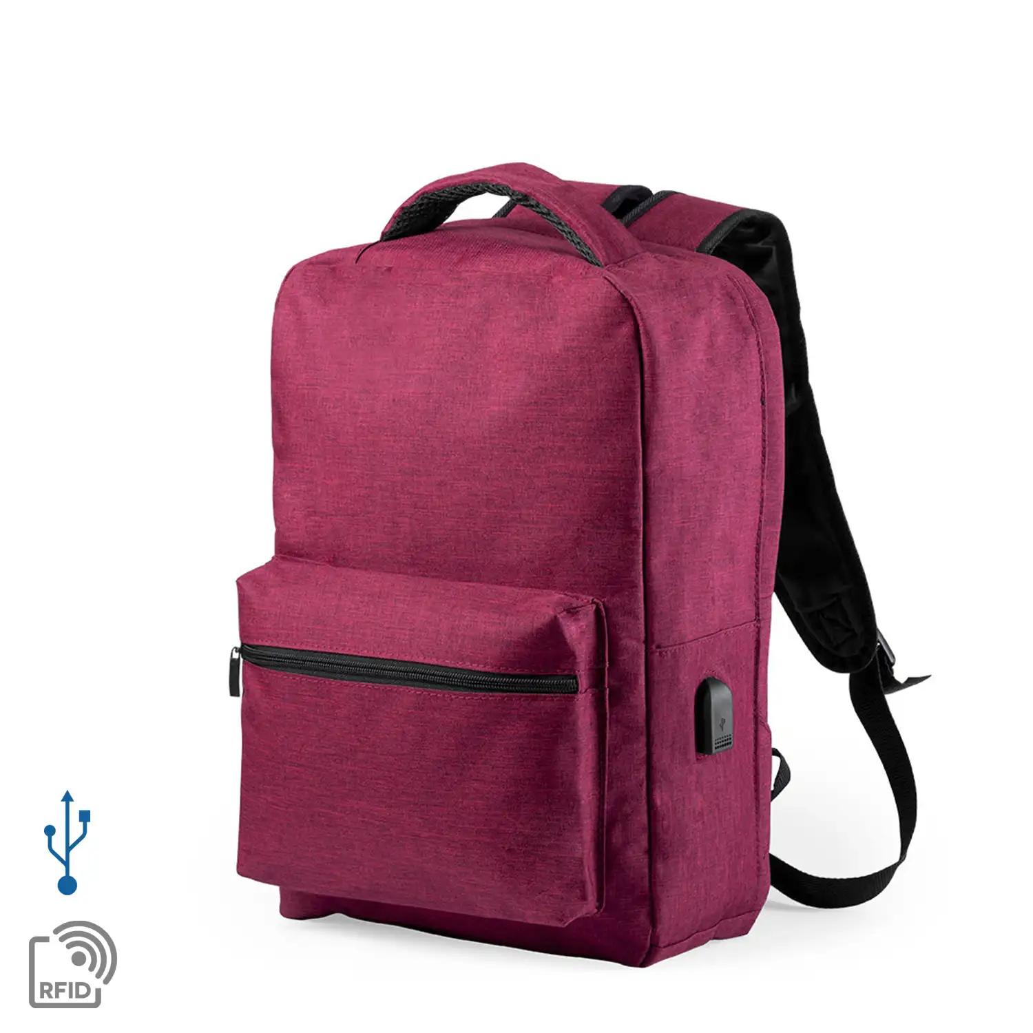 Mochila antirrobo Komplete de poliester 300D con toma USB exterior. Bolsillo en lateral con proteccion RFID