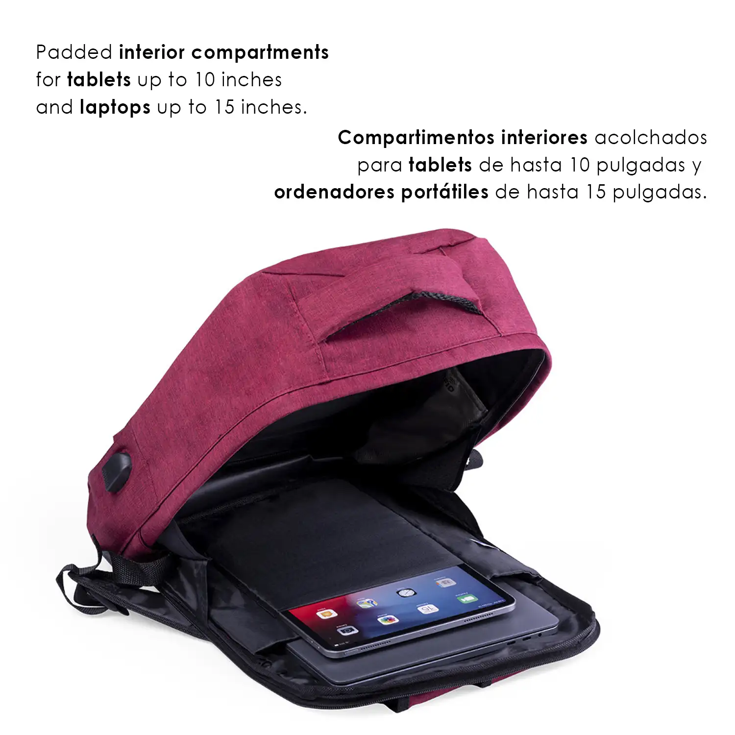 Mochila antirrobo Komplete de poliester 300D, con toma USB exterior. Bolsillo en lateral con protección RFID.