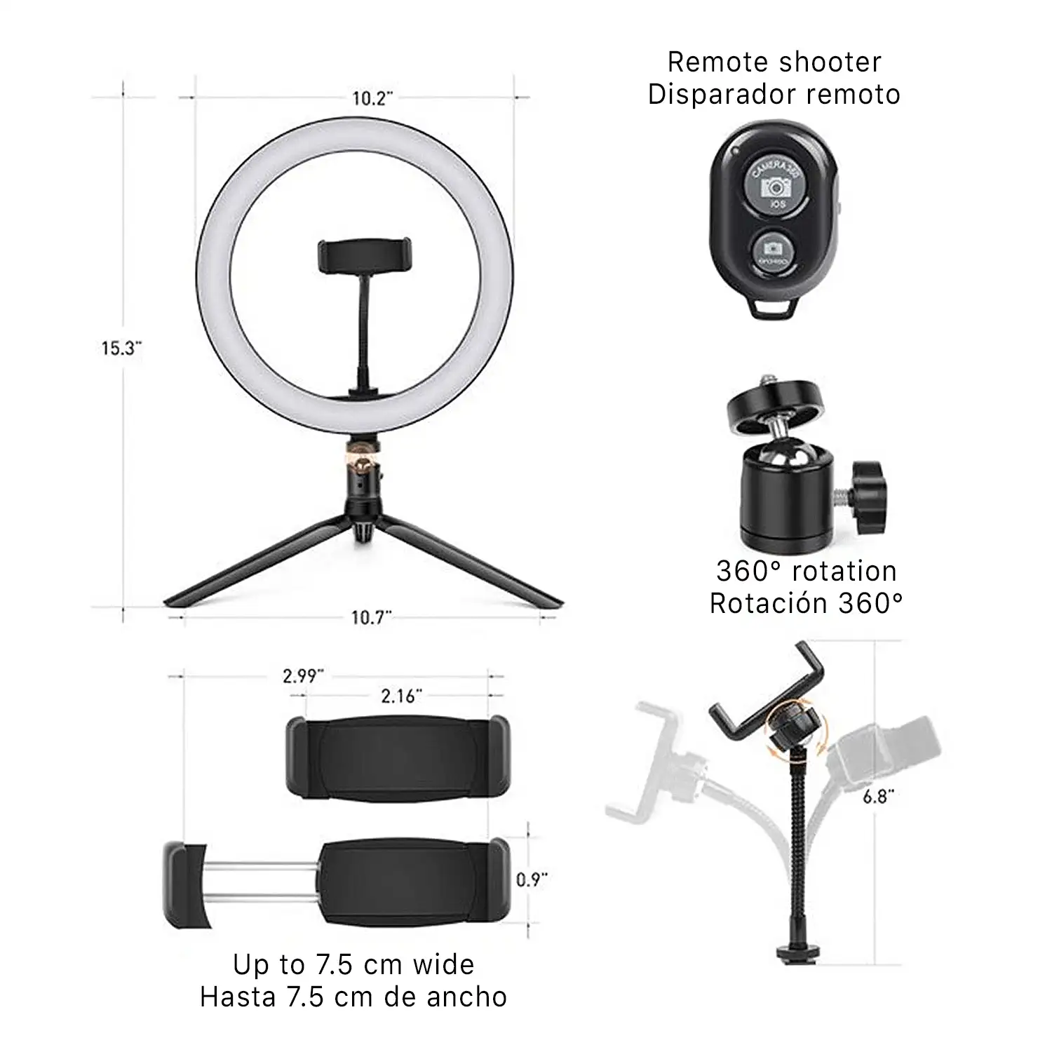 Anillo luz led estudio  giratorio con tripode para selfies y video de 10pulgadas (25,4 cms). Control remoto