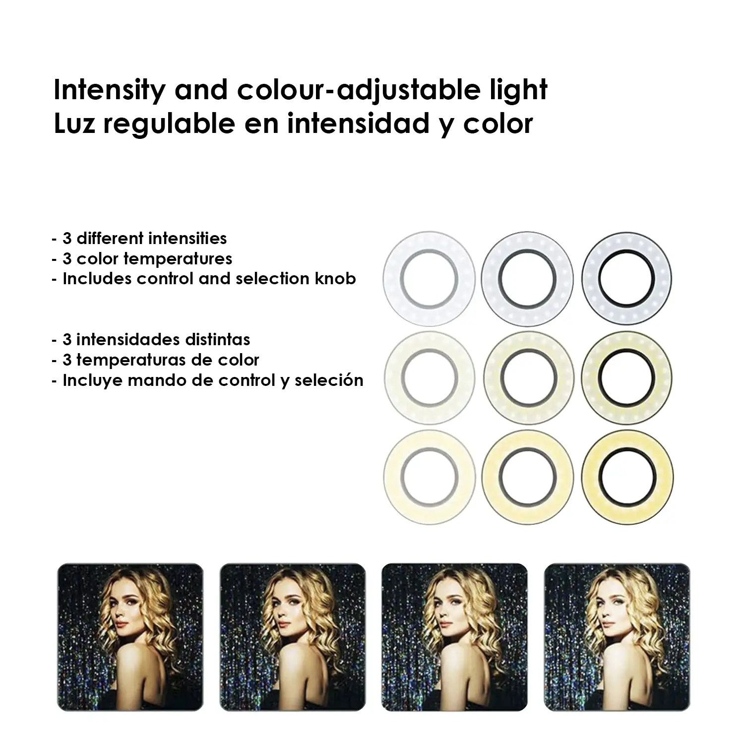 Anillo luz led estudio con soporte móvil con sujección pinza y control remoto.