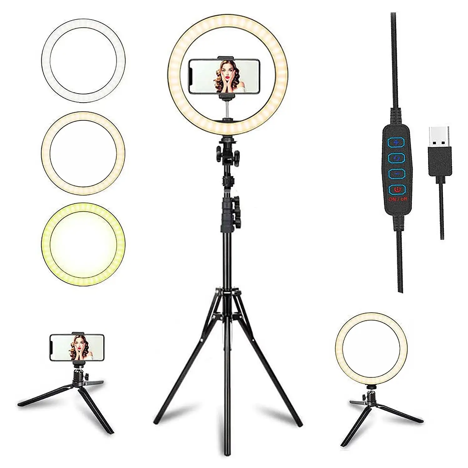 Pack de iluminación para móvil: anillo led de estudio de 26cm, tripode extensible de 145cm y soporte para Smartphone. 10 intensidades y 3 temperaturas de color.