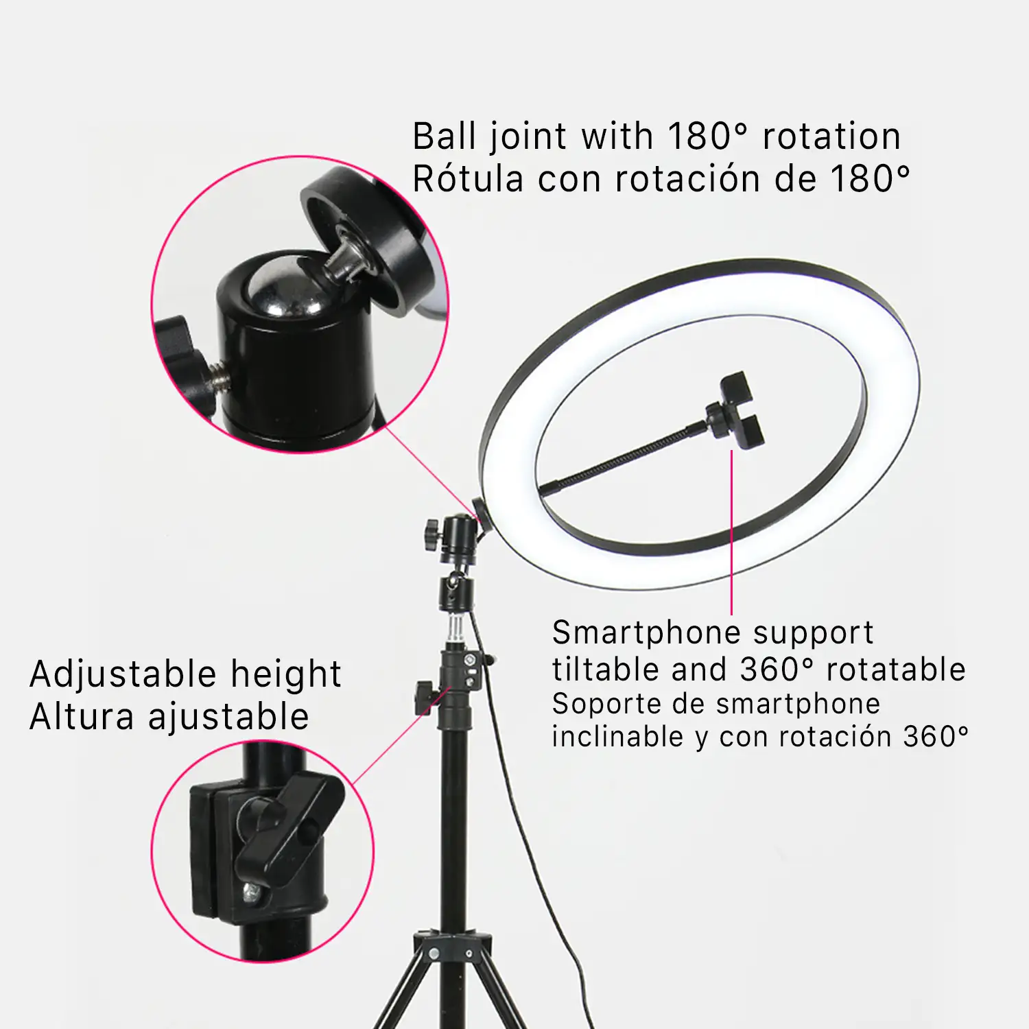 Pack de iluminación para móvil: anillo led de estudio de 26cm, tripode extensible de 145cm y soporte para Smartphone. 10 intensidades y 3 temperaturas de color.