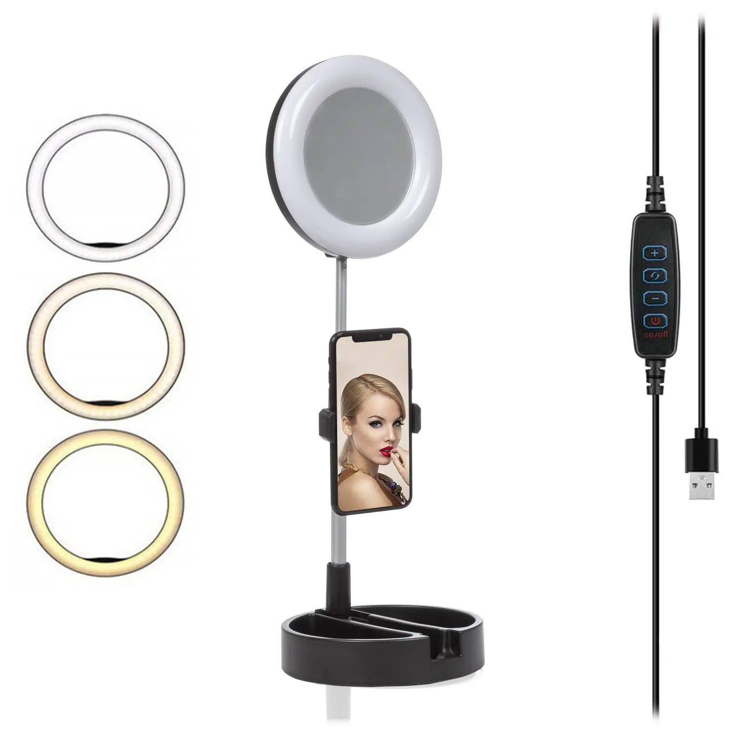 Anillo Luz LED estudio plegable extensible sobremesa con soporte smartphone. Espejo y caja para maquillaje