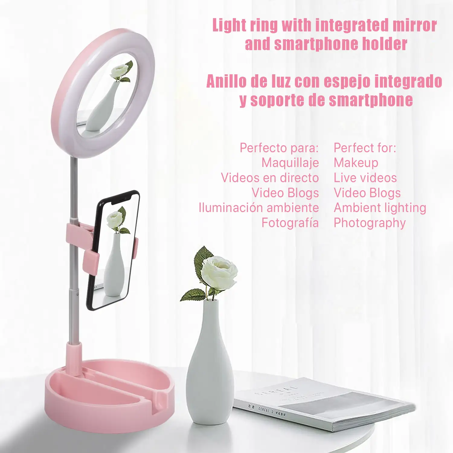 Anillo Luz LED estudio plegable extensible sobremesa con soporte smartphone. Espejo y caja para maquillaje