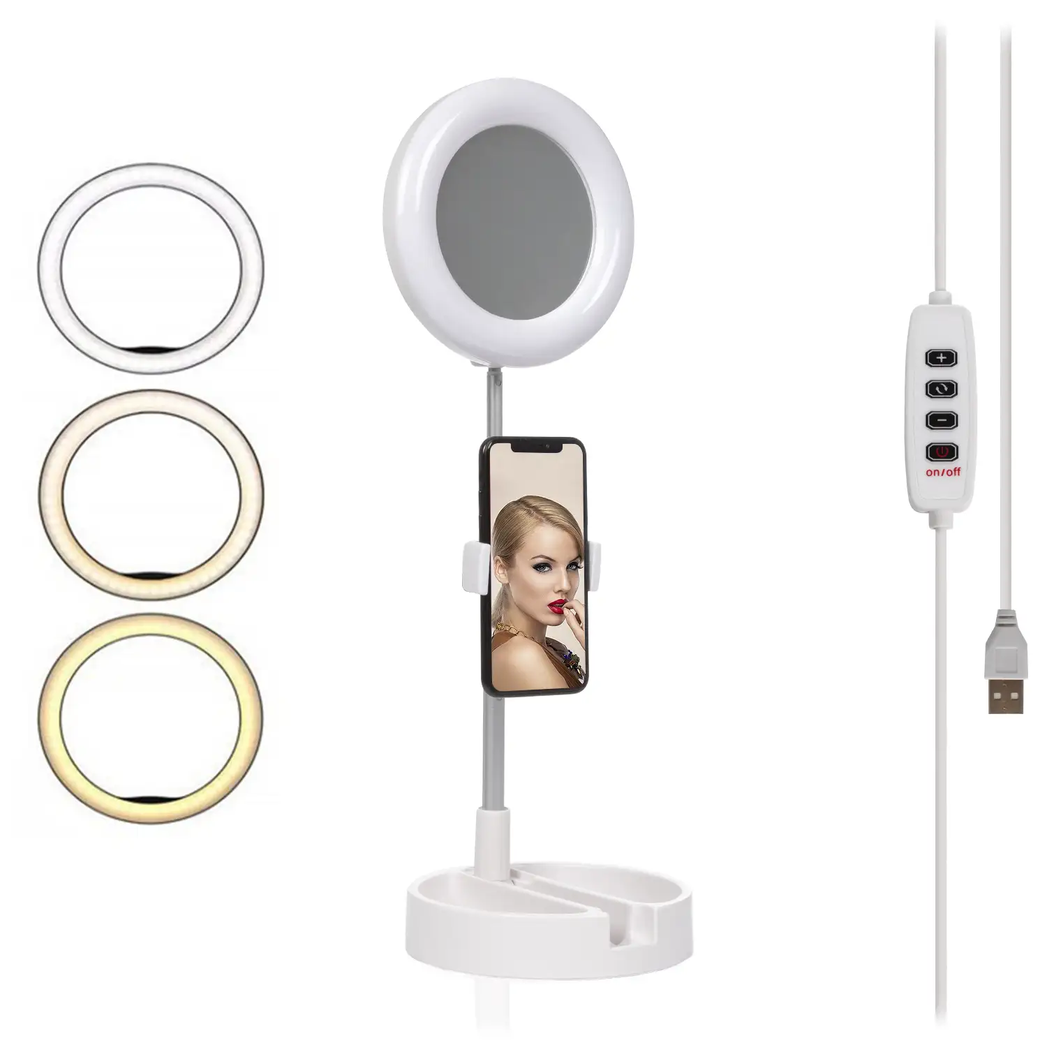 Anillo Luz LED estudio plegable extensible sobremesa con soporte smartphone. Espejo y caja para maquillaje