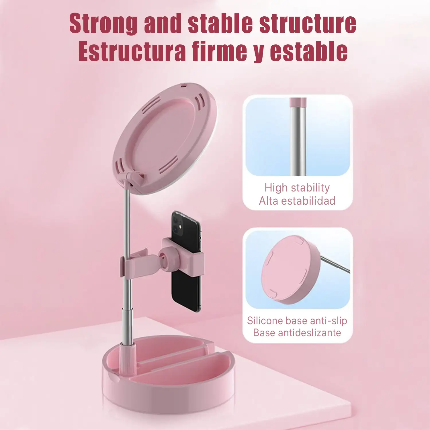 Anillo Luz LED estudio plegable extensible sobremesa con soporte smartphone. Espejo y caja para maquillaje