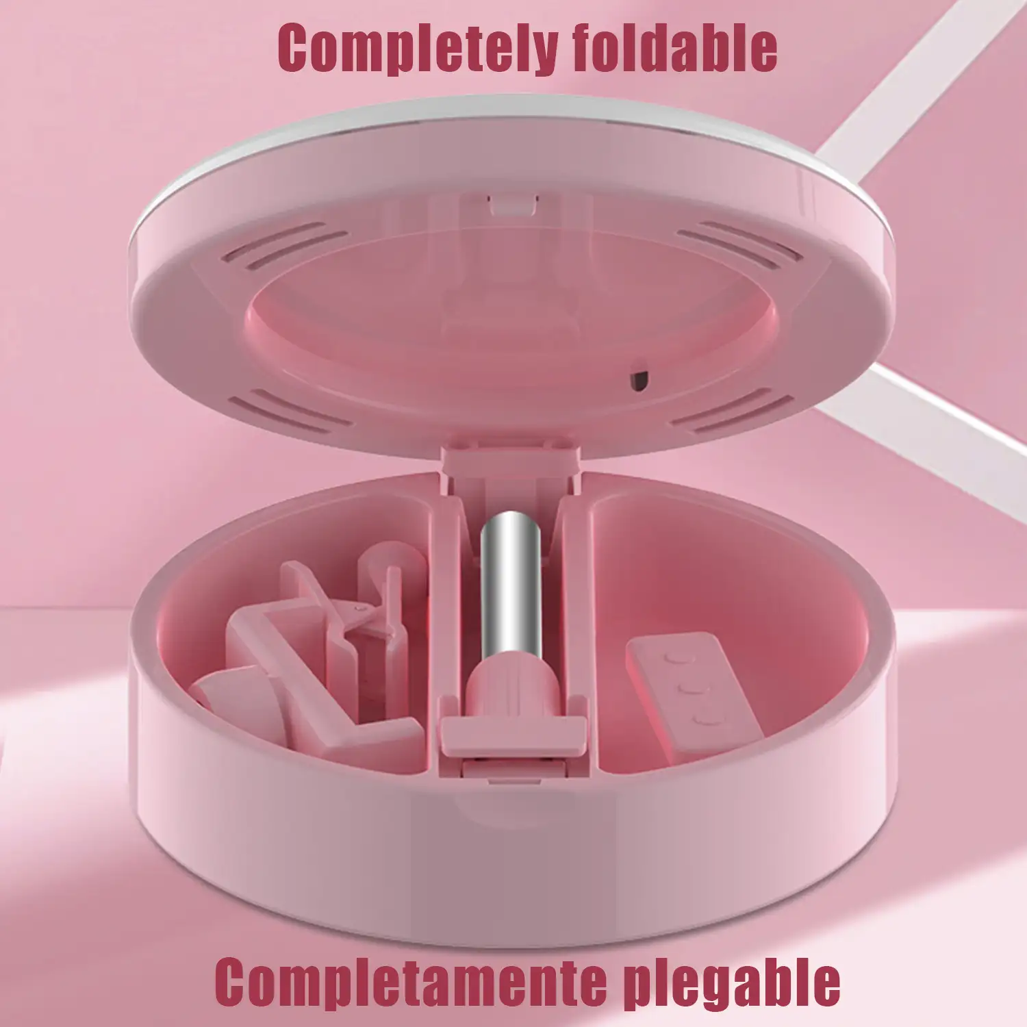 Anillo Luz LED estudio plegable extensible sobremesa con soporte smartphone. Espejo y caja para maquillaje