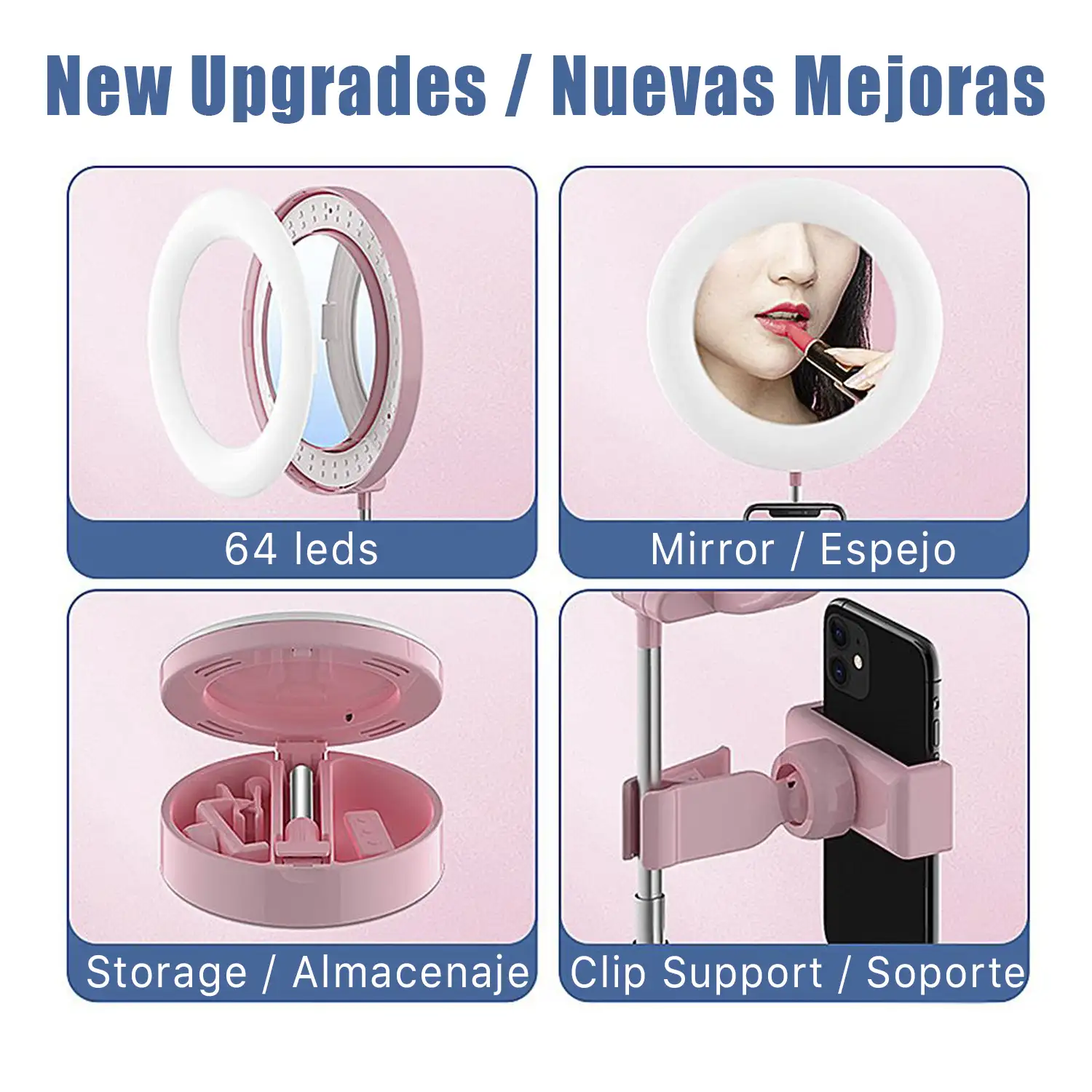 Anillo Luz LED estudio plegable extensible sobremesa con soporte smartphone. Espejo y caja para maquillaje