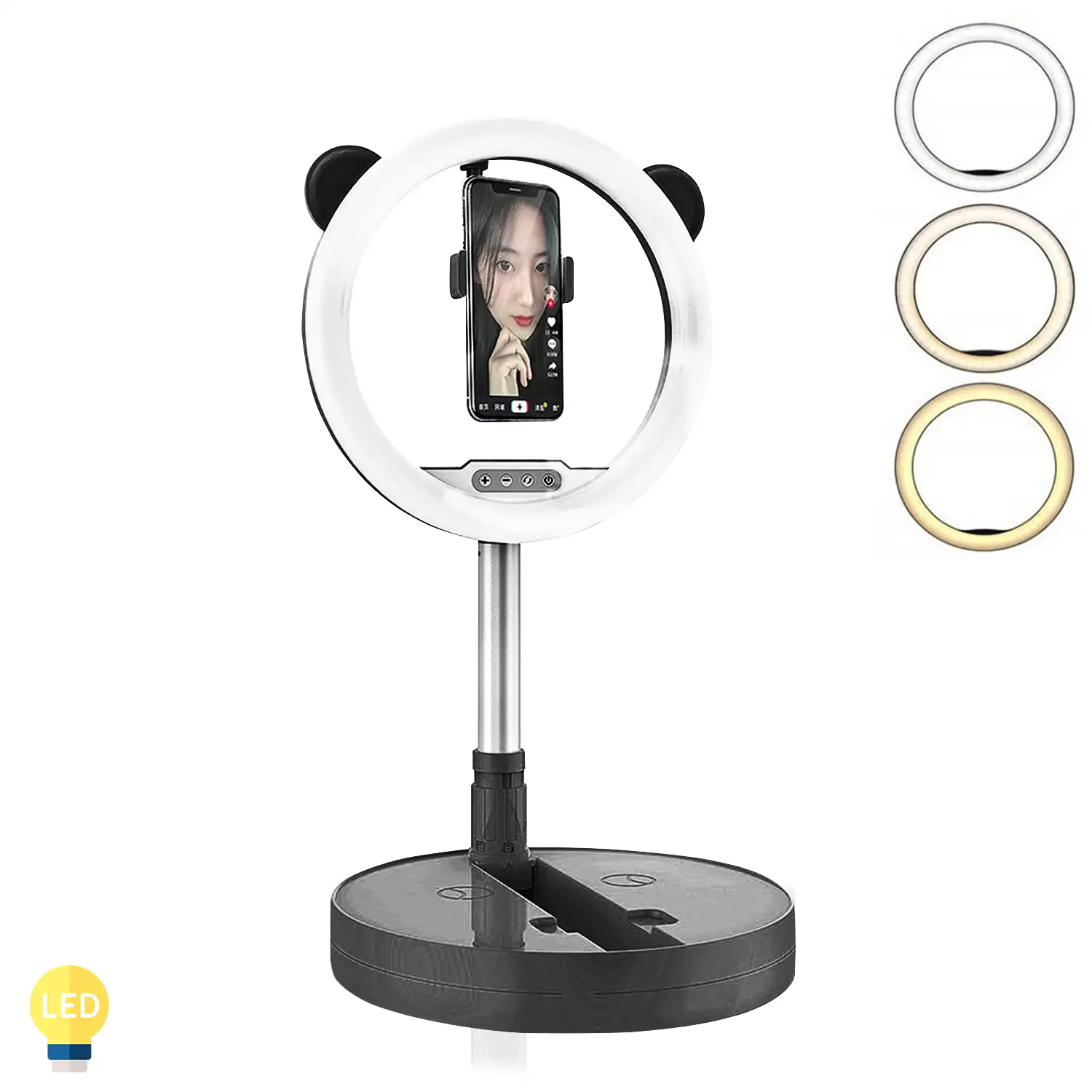 Anillo luz LED estudio de 10,8 pulgadas, plegable y extensible con soporte smartphone.