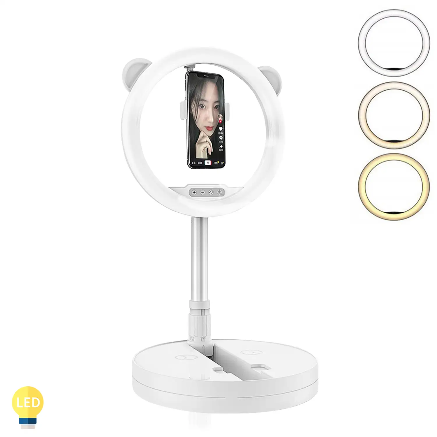 Anillo luz LED estudio de 10,8 pulgadas, plegable y extensible con soporte smartphone.