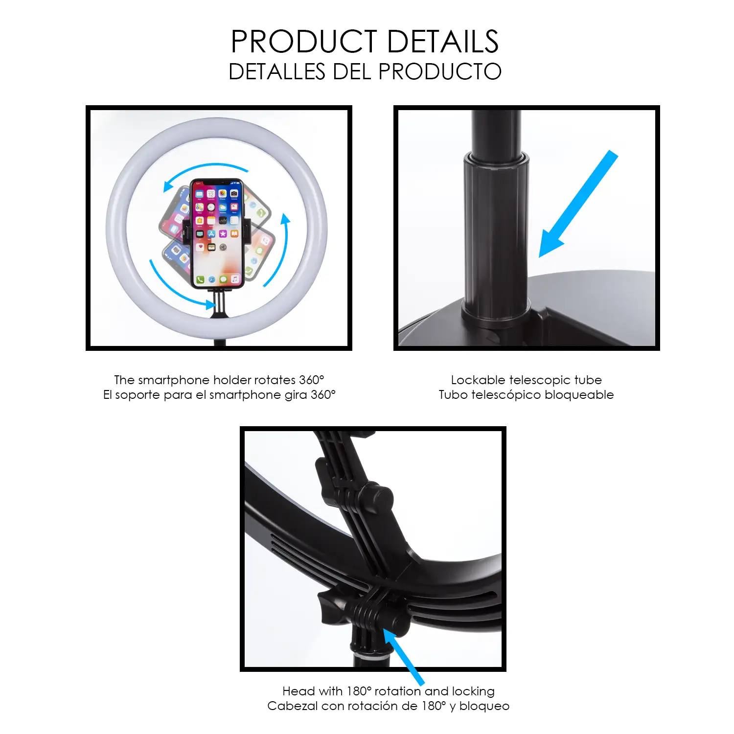 Anillo luz LED estudio de 11,4 pulgadas, plegable y extensible con soporte smartphone. Modos iluminación y control remoto.