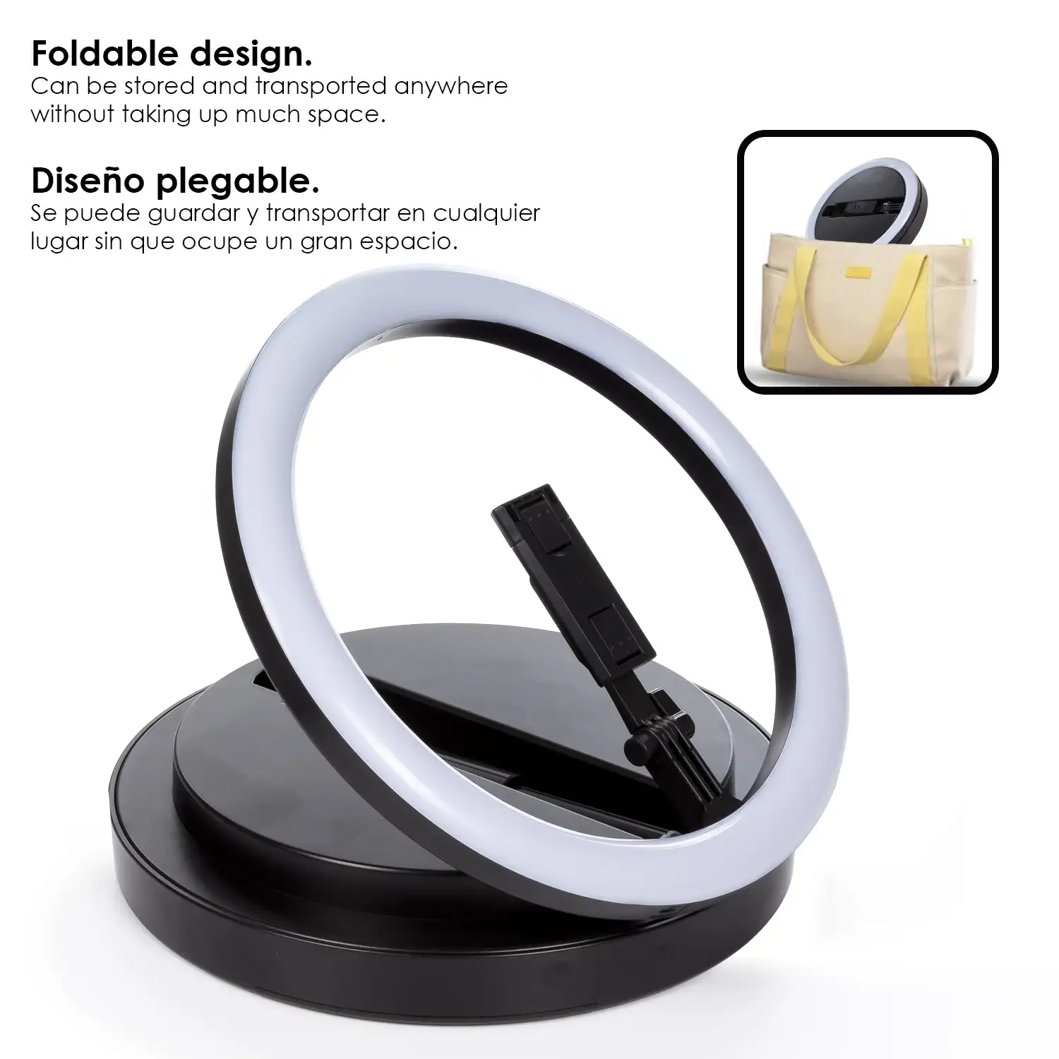 Anillo luz LED estudio de 11,4 pulgadas, plegable y extensible con soporte smartphone. Modos iluminación y control remoto.