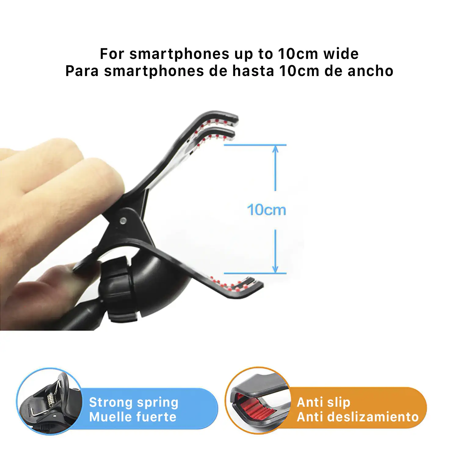 Soporte pinza para smartphone y micrófono con filtro.