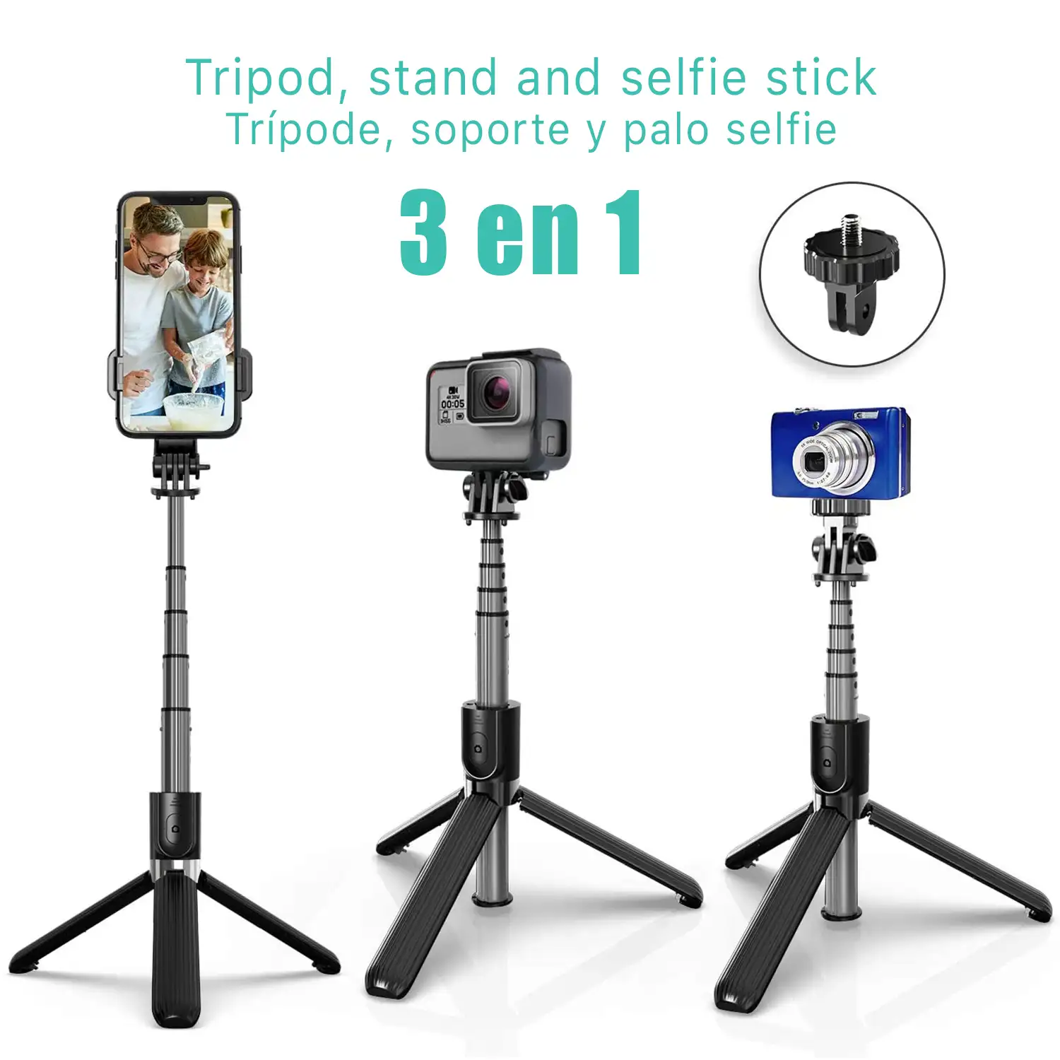 Tripode extensible con palo selfie y control remoto bluetooth. Soporte para smartphones y cámaras.