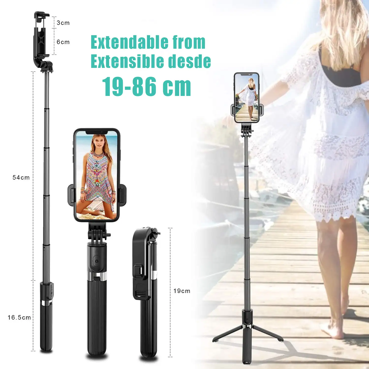 Tripode extensible con palo selfie y control remoto bluetooth. Soporte para smartphones y cámaras.