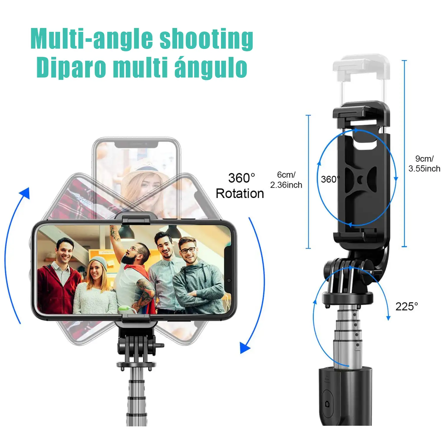 Tripode extensible con palo selfie y control remoto bluetooth. Soporte para smartphones y cámaras.