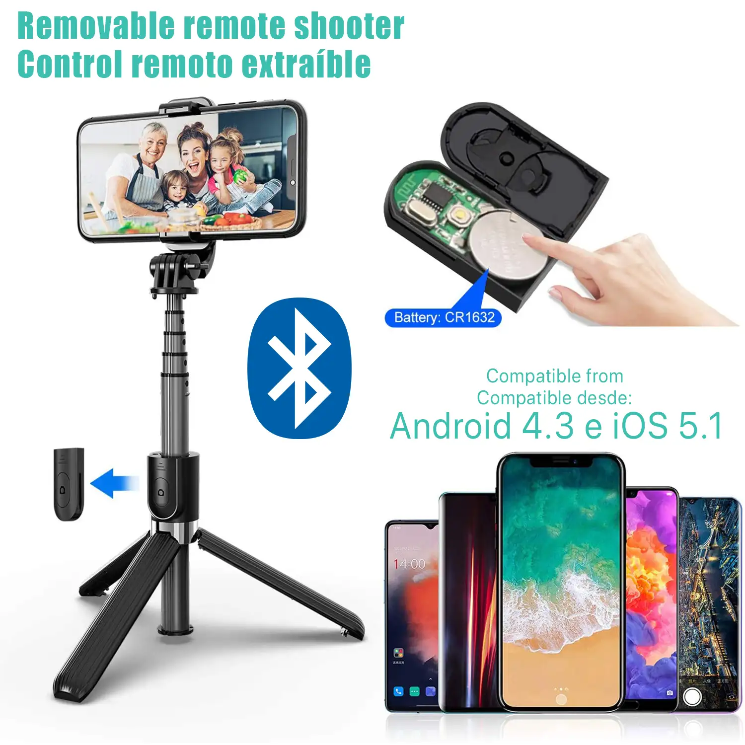 Tripode extensible con palo selfie y control remoto bluetooth. Soporte para smartphones y cámaras.