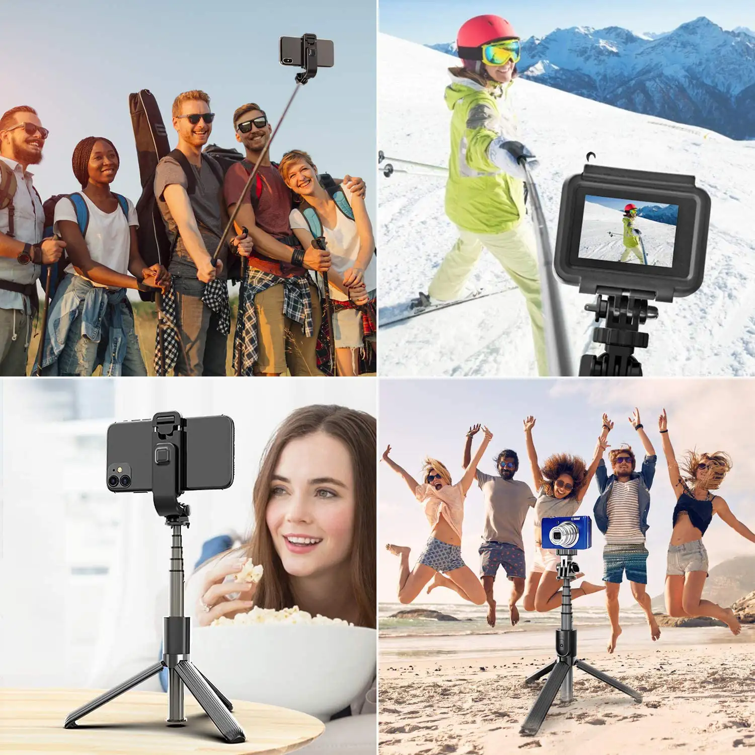 Tripode extensible con palo selfie y control remoto bluetooth. Soporte para smartphones y cámaras.