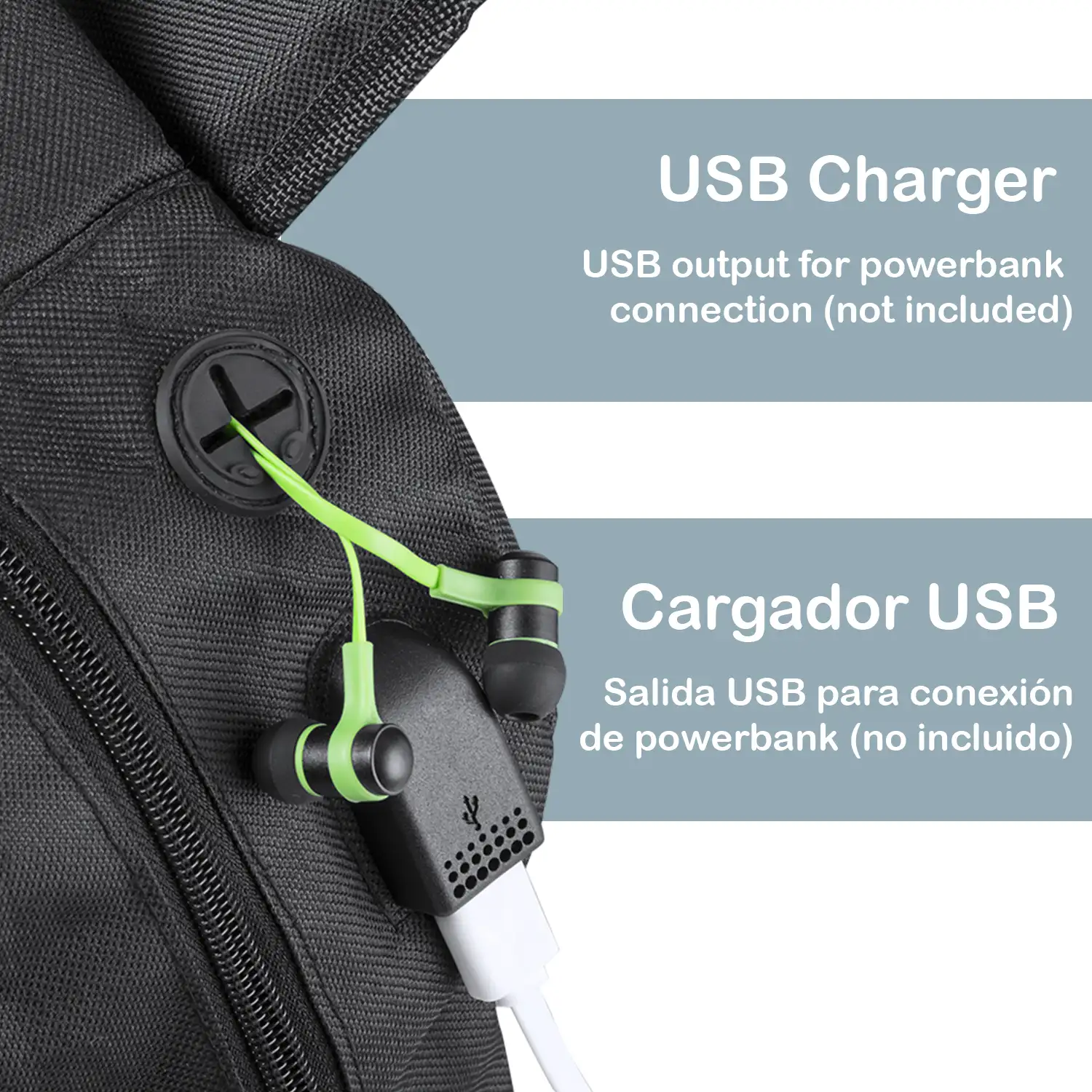 Mochila impermeable con salida de USB y orifício para auriculares.