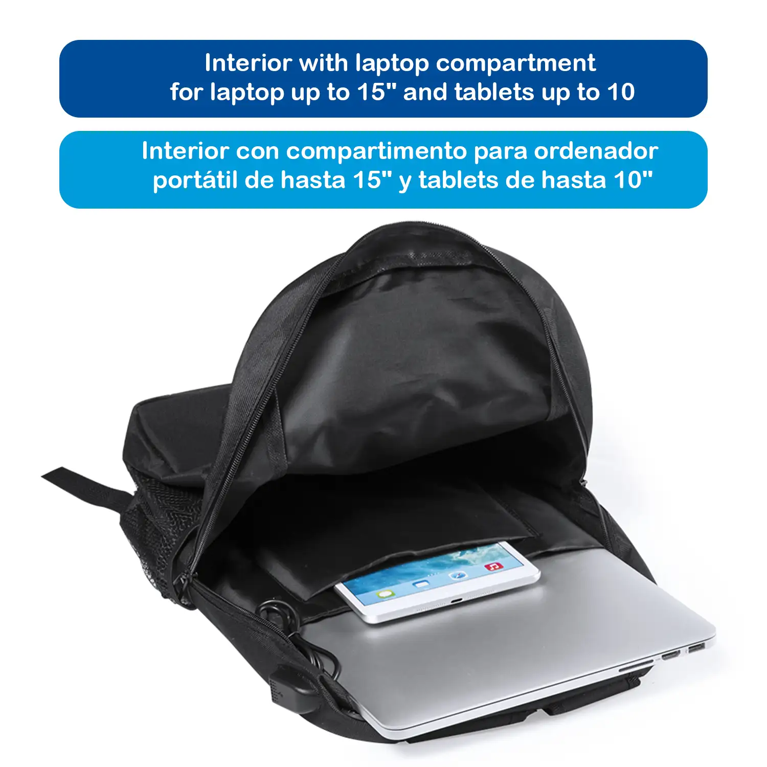 Mochila impermeable con salida de USB y orifício para auriculares.