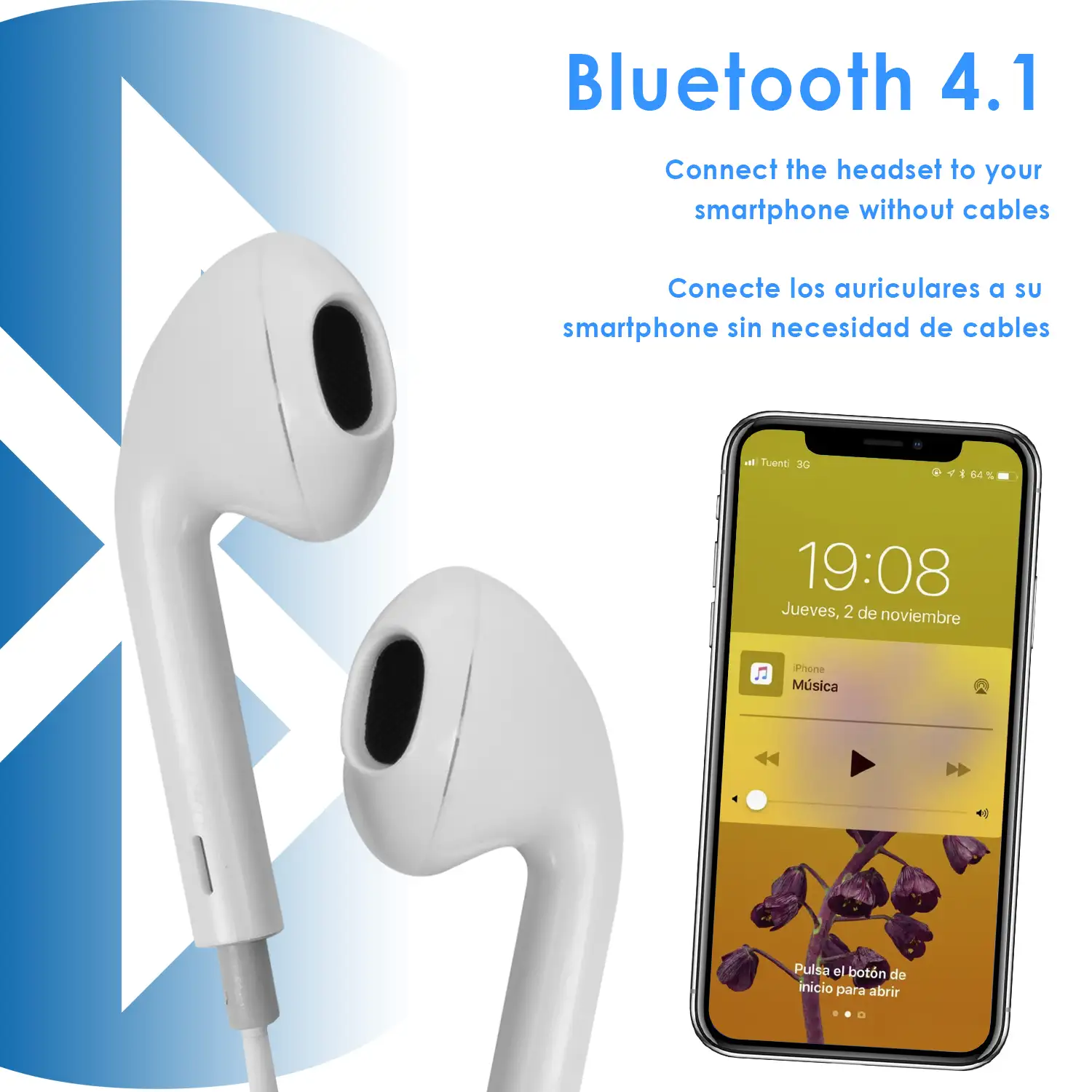Auriculares intraurales con conexión Bluetooth 4.1. y estuche de transporte.