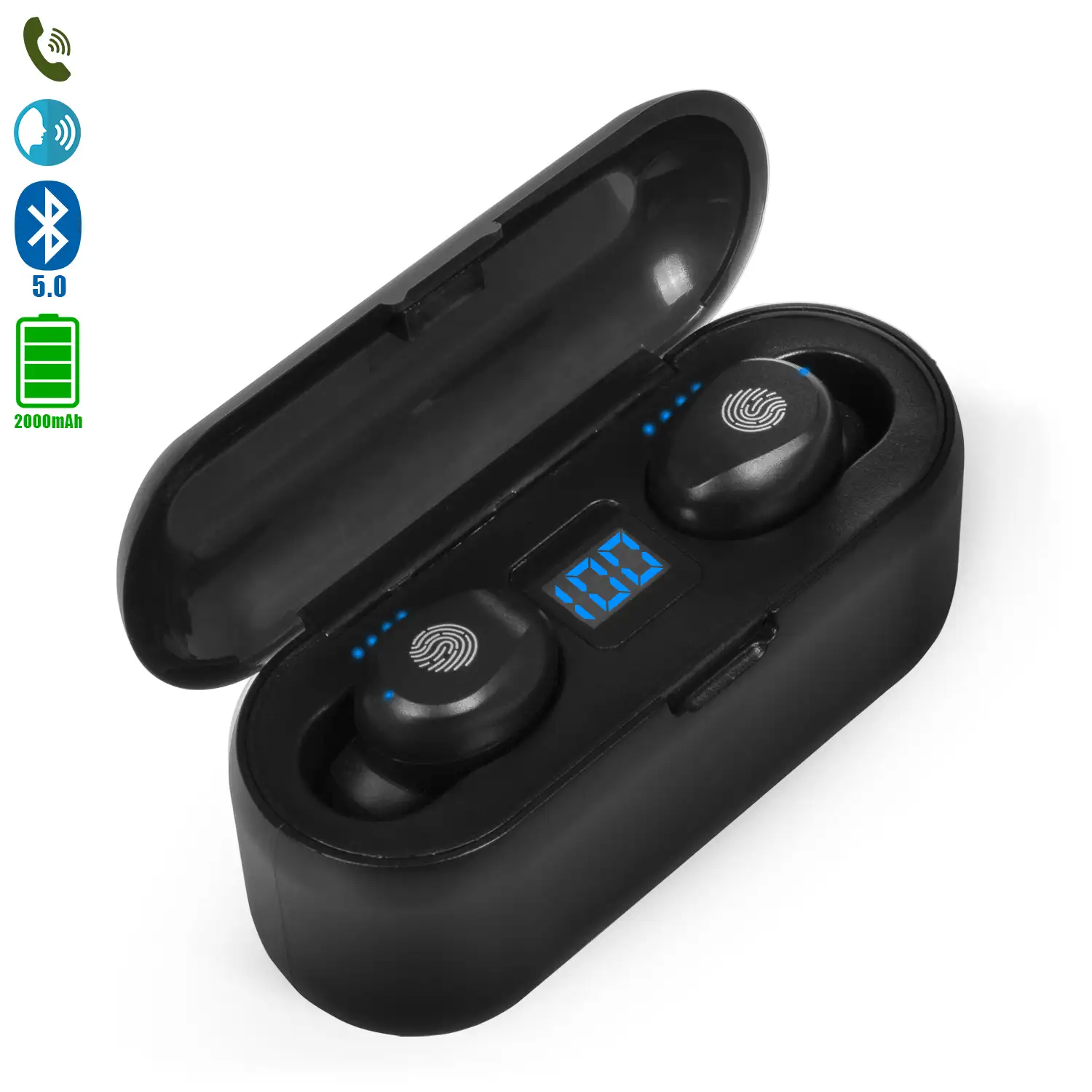 Auriculares TWS F9 Bluetooth 5.0 táctil con base de carga powerbank con indicador de carga interna y de auriculares.