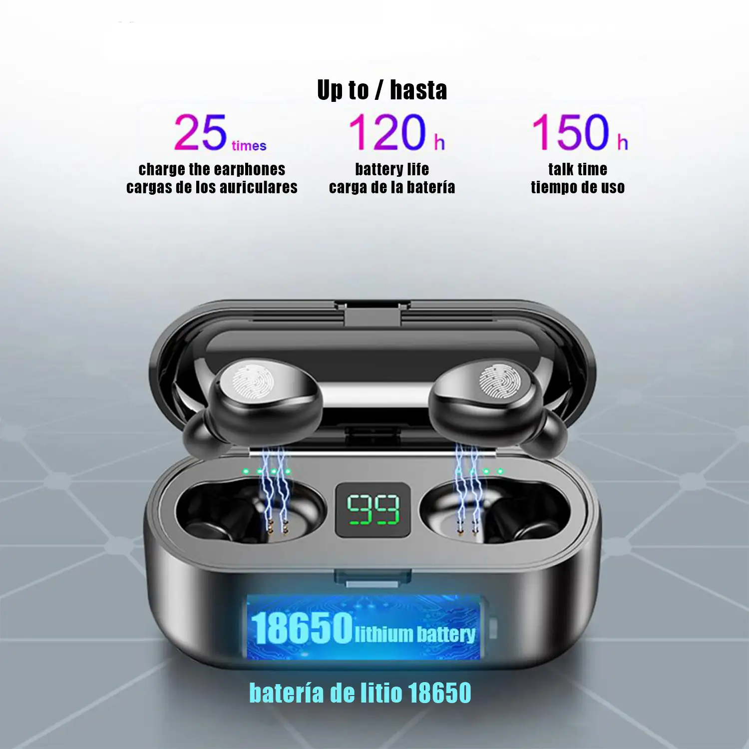 Auriculares TWS F9 Bluetooth 5.0 táctil con base de carga powerbank con indicador de carga interna y de auriculares.