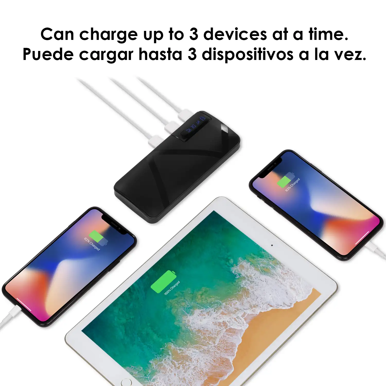 Powerbank R8 de 26.000mAh con indicador de porcentaje de carga, triple salida USB de 1A.