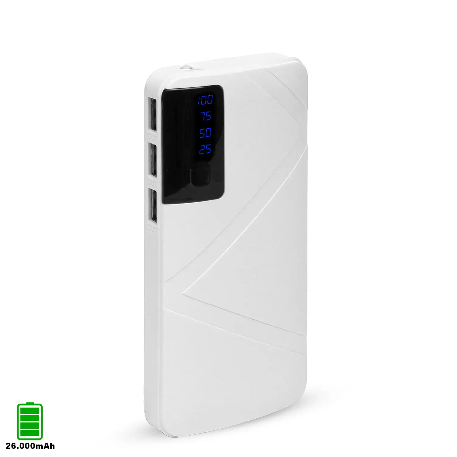 Powerbank R8 de 26.000mAh con indicador de porcentaje de carga, triple salida USB de 1A.