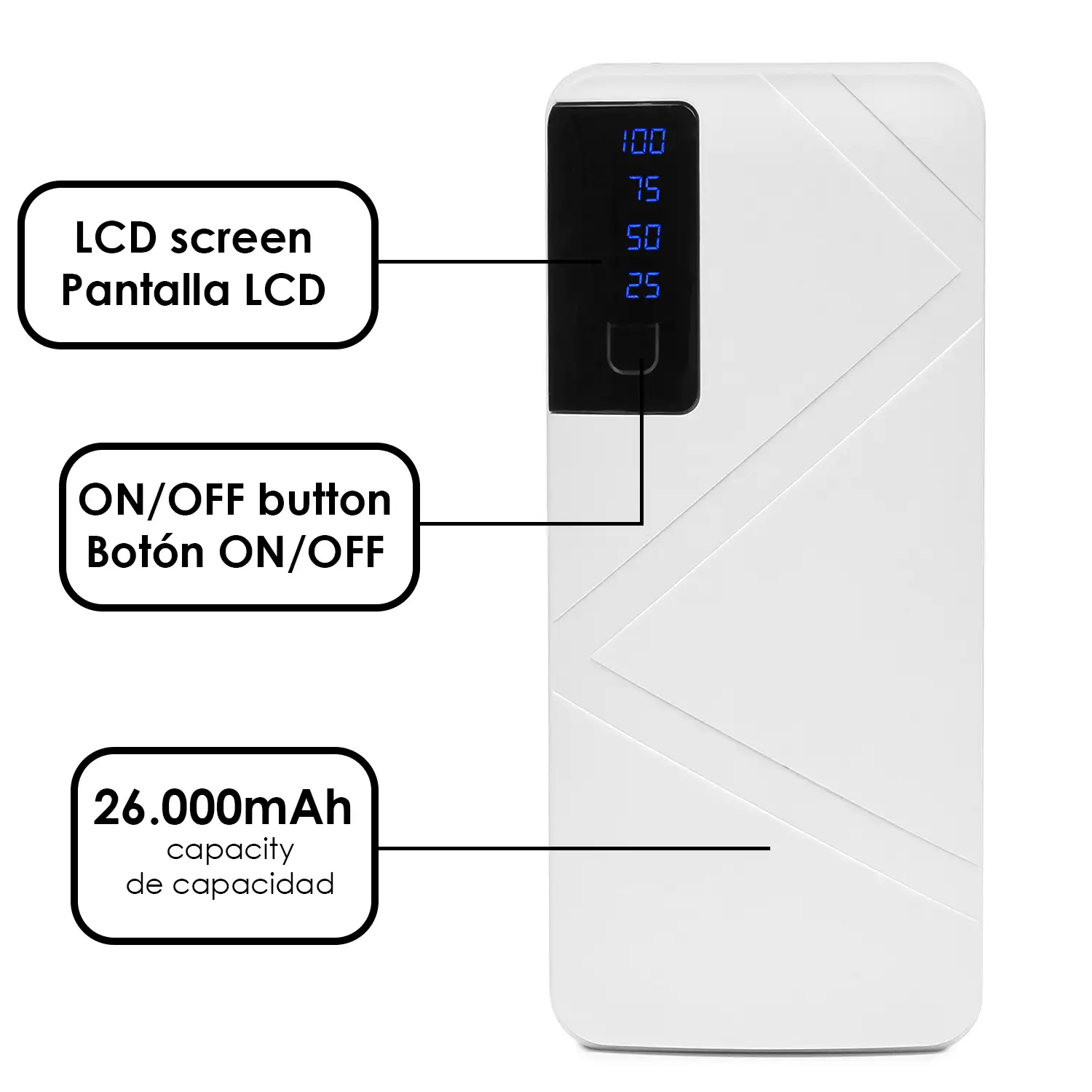 Powerbank R8 de 26.000mAh con indicador de porcentaje de carga, triple salida USB de 1A.