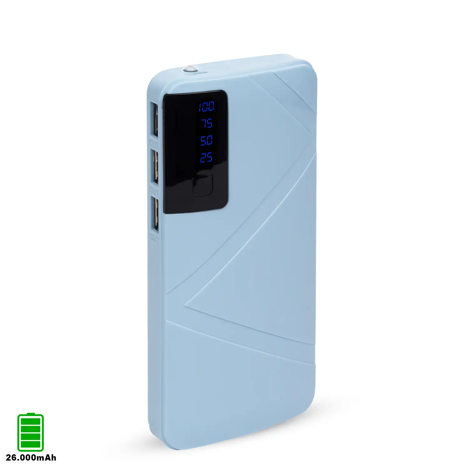 Powerbank R8 de 26.000mAh con indicador de porcentaje de carga, triple salida USB de 1A.