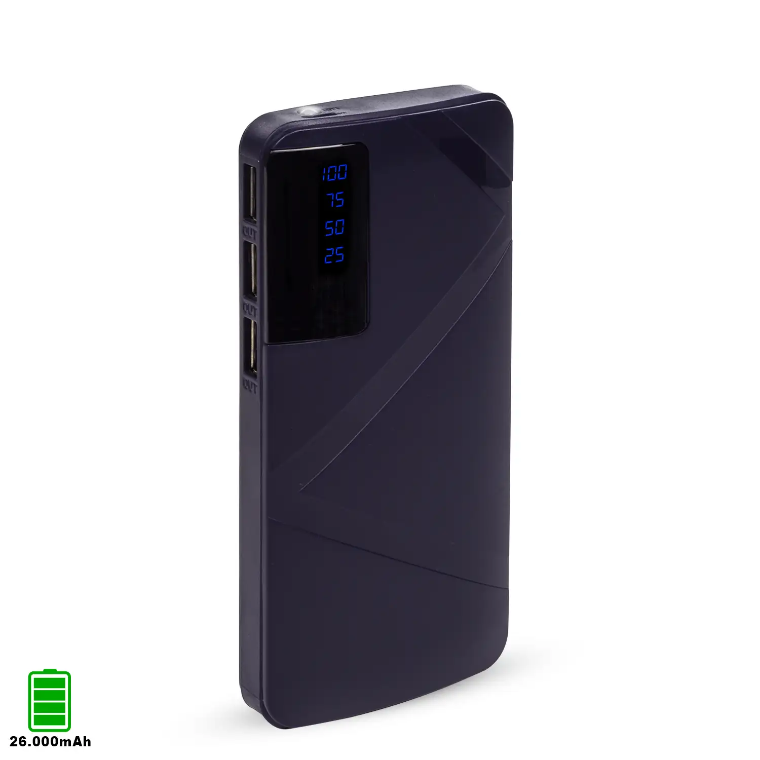 Powerbank R8 de 26.000mAh con indicador de porcentaje de carga, triple salida USB de 1A.