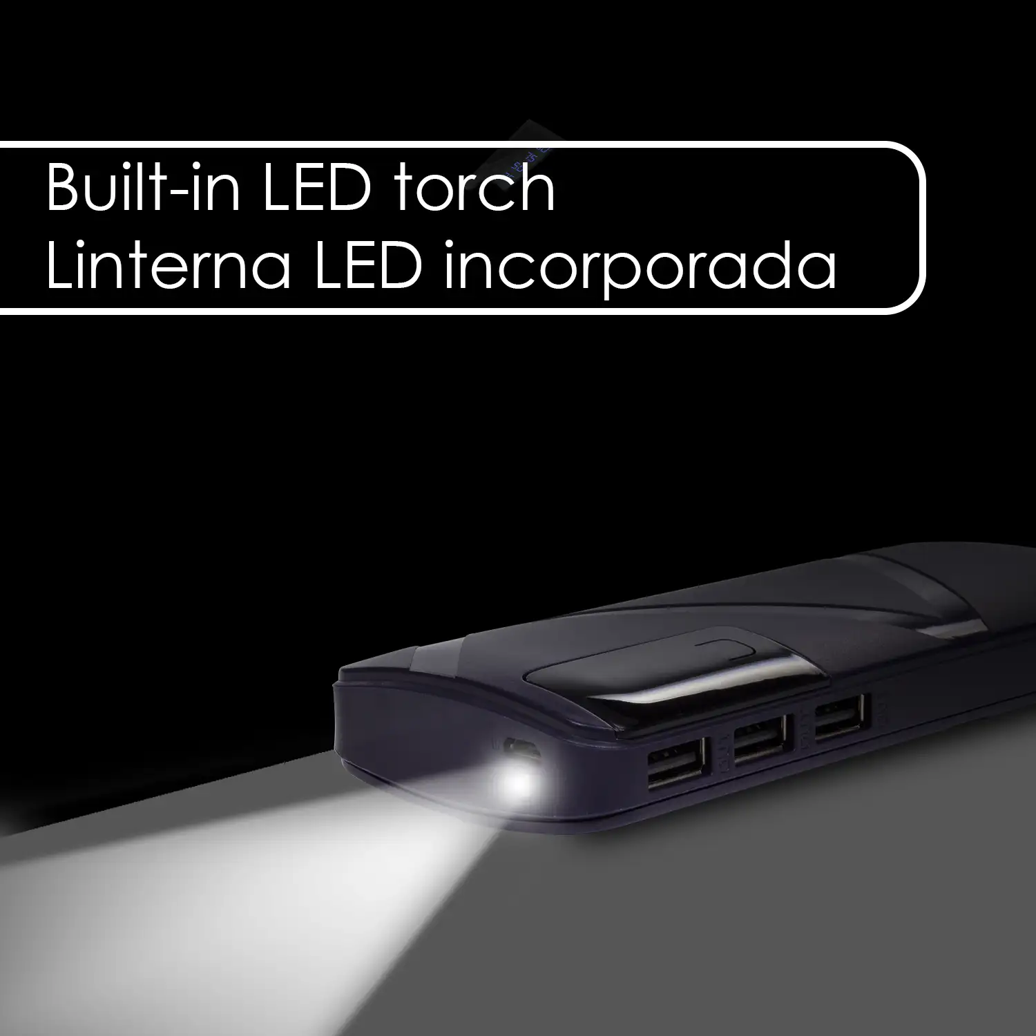 Powerbank R8 de 26.000mAh con indicador de porcentaje de carga, triple salida USB de 1A.