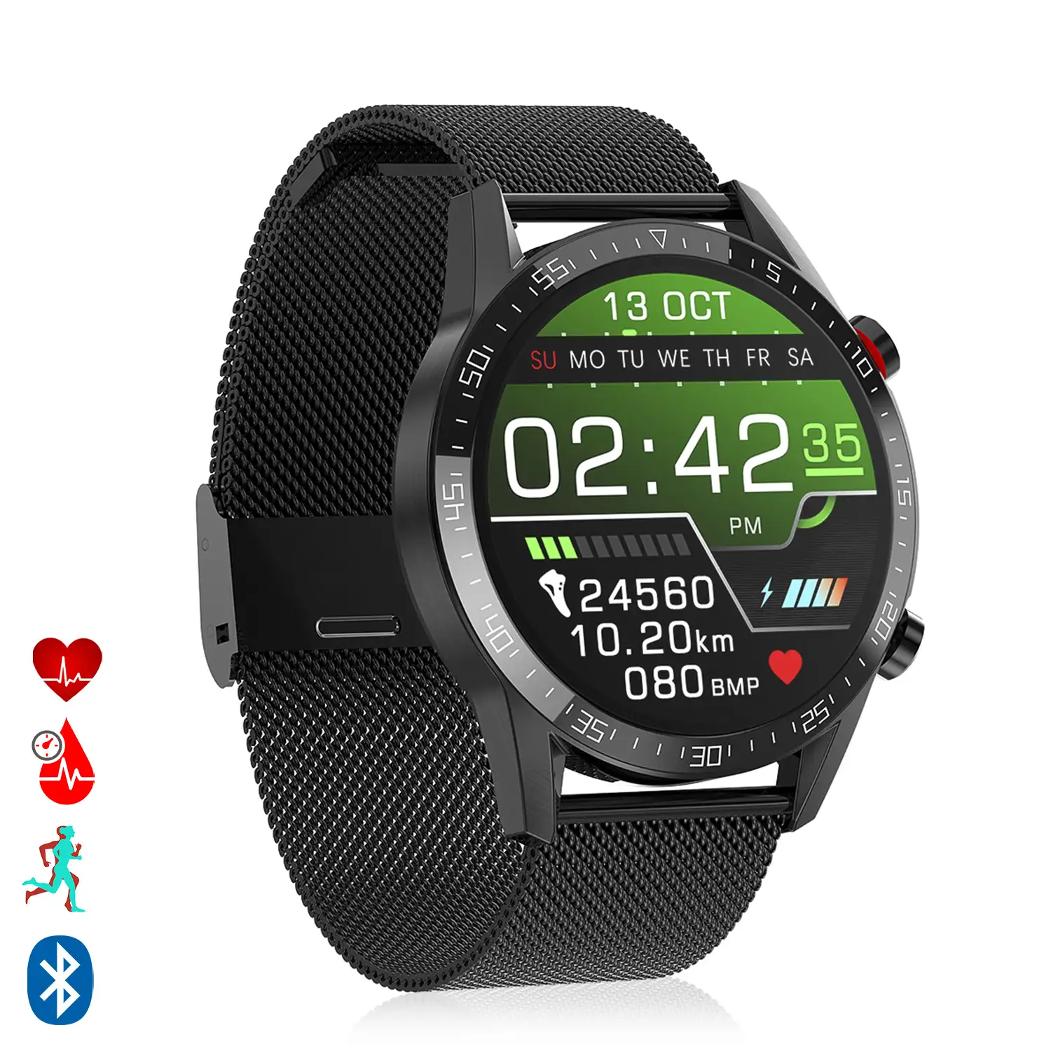 Smartwatch L13 pulsera de metal con modo multideportivo, monitor cardiaco, tensión y O2 en sangre