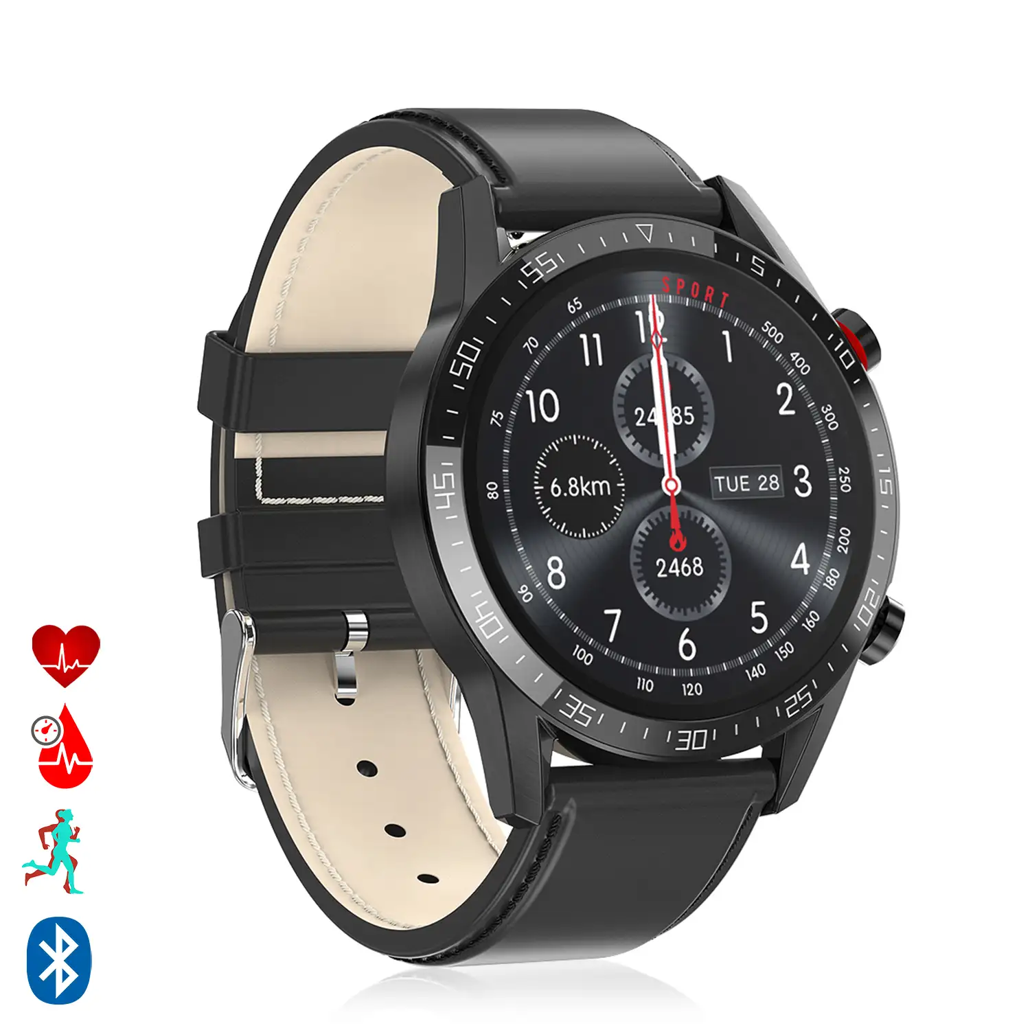 Smartwatch L13 pulsera de cuero sintético con modo multideportivo, monitor cardiaco, tensión y O2 en sangre