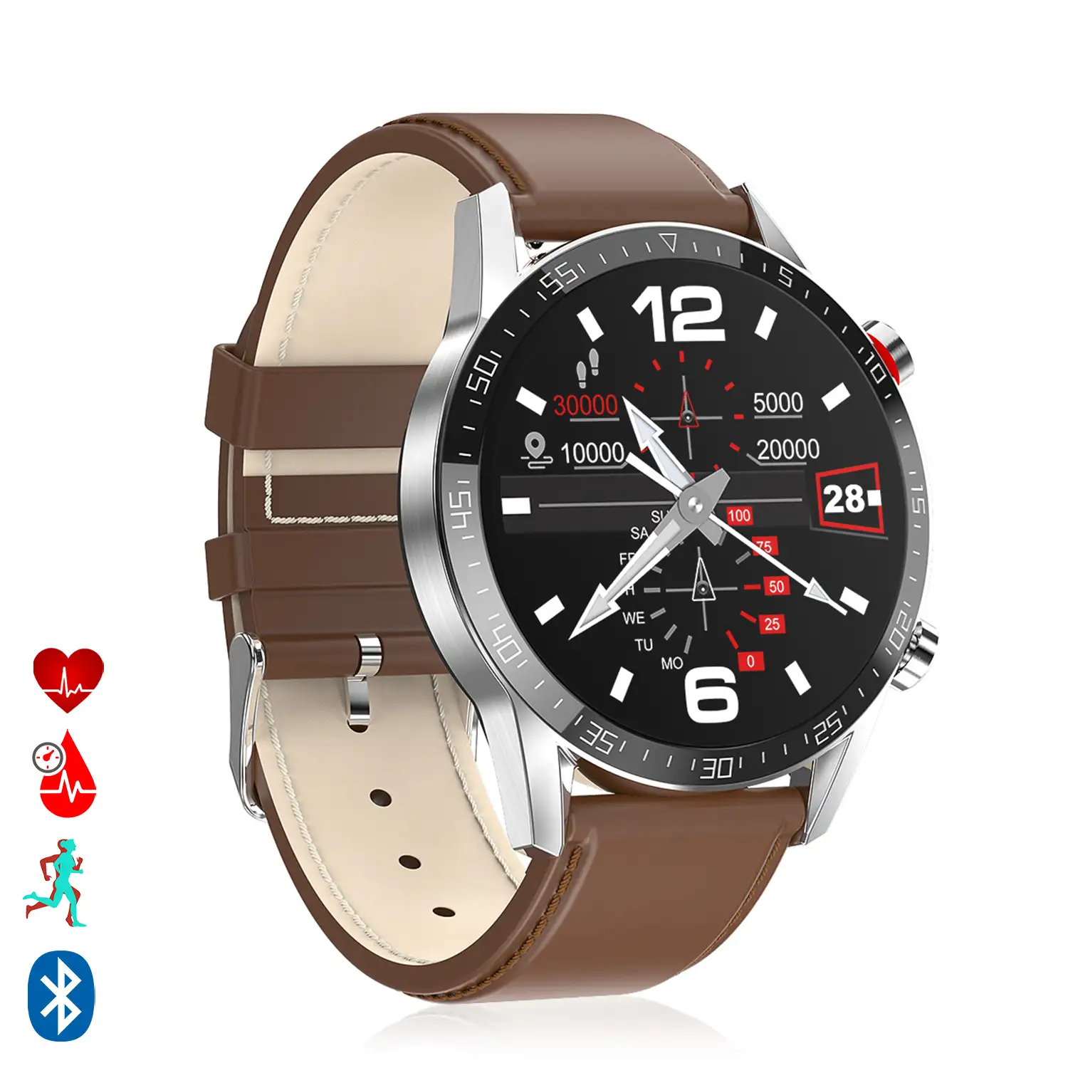 Smartwatch L13 pulsera de cuero sintético con modo multideportivo, monitor cardiaco, tensión y O2 en sangre