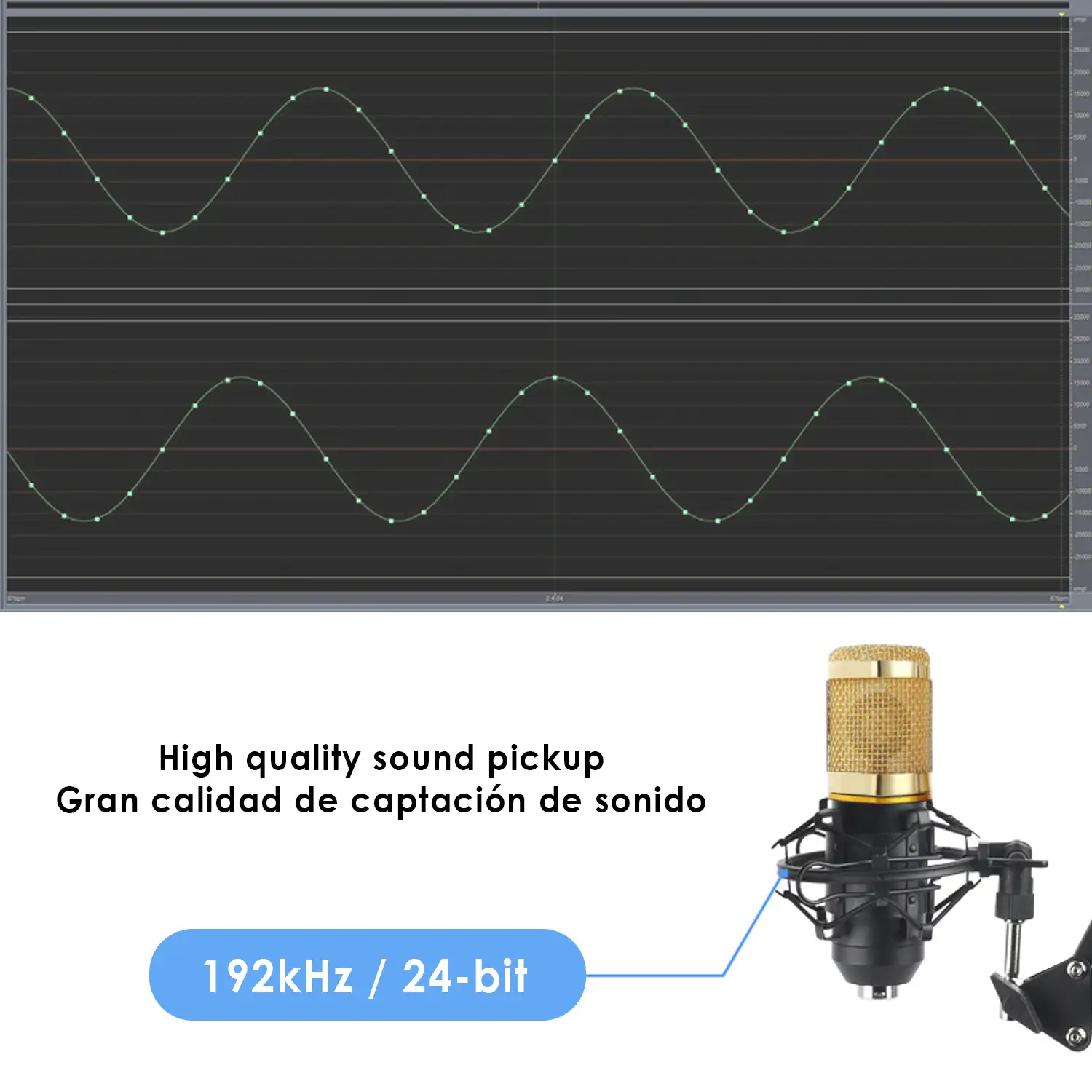 Micrófono HiFi con soporte ajustable de sobremesa y filtro.