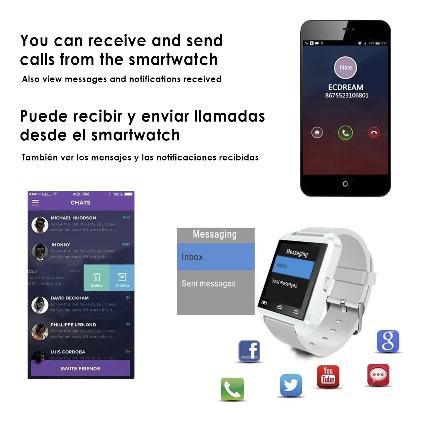 Smartwatch U8 Daril multifunción con barómetro y altímetro, notificaciones Android