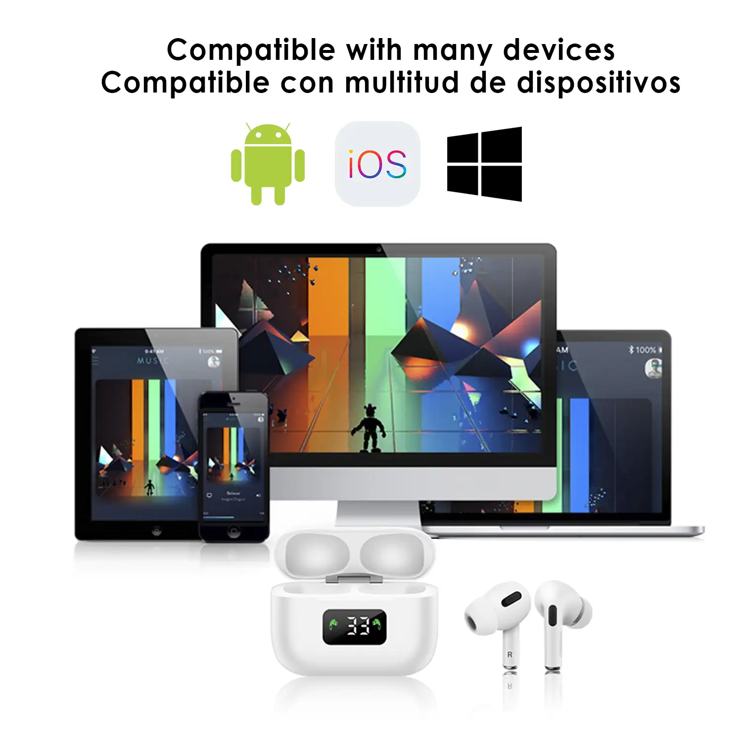 Auriculares i58 Bluetooth 5.0 táctiles. Base de carga con pantalla, sincronización automática con ventana emergente