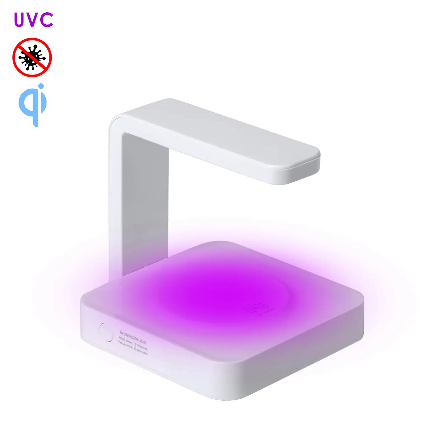 Lámpara esterilizadora Blay de luz ultravioleta tipo C con cargador inalámbrico integrado para smartphone.