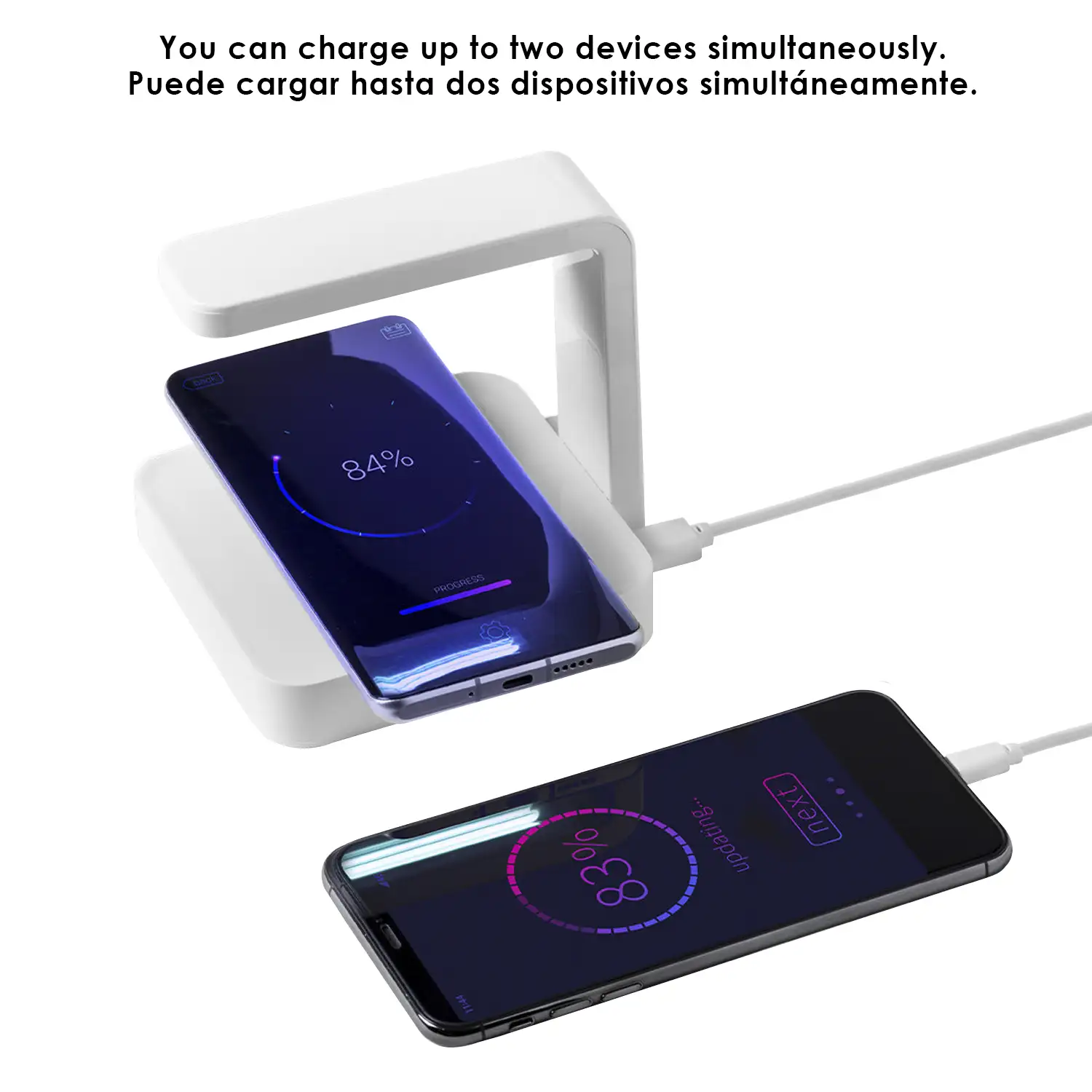 Lámpara esterilizadora Blay de luz ultravioleta tipo C con cargador inalámbrico integrado para smartphone.