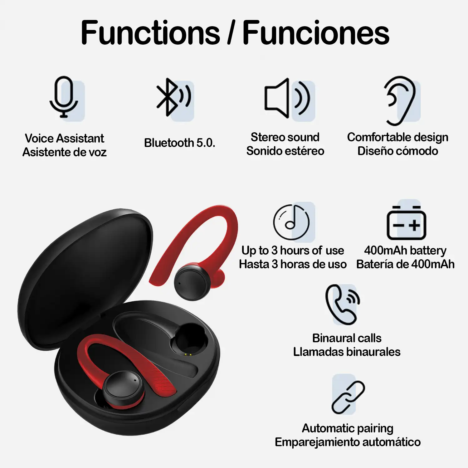 Auriculares TWS T7 Pro deportivos anti caída, Bluetooth 5.0, batería de 40mAh y base de carga de 400mAh