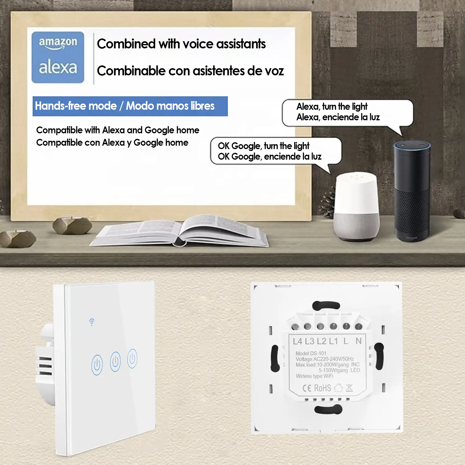 Interruptor Wifi Smarthome con 3 pulsadores compatible con Amazon Alexa y Google Home