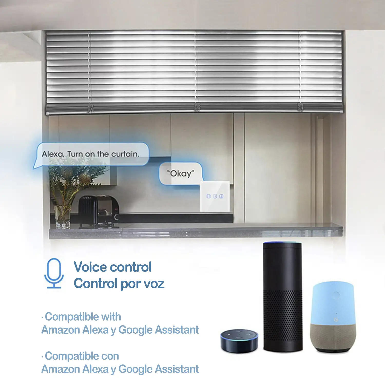 Interruptor Wifi para cortinas eléctricas con 3 funciones compatible con Amazon Alexa y Google Home