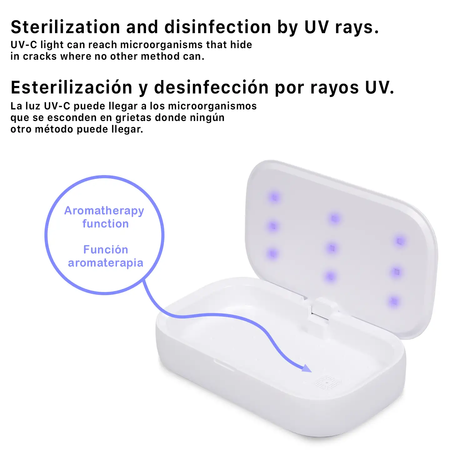 Caja de esterilización por luz UV con cargador inalámbrico Qi y función aromaterapia.