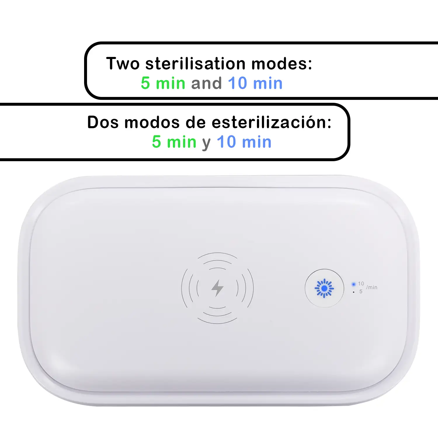 Caja de esterilización por luz UV con cargador inalámbrico Qi y función aromaterapia.