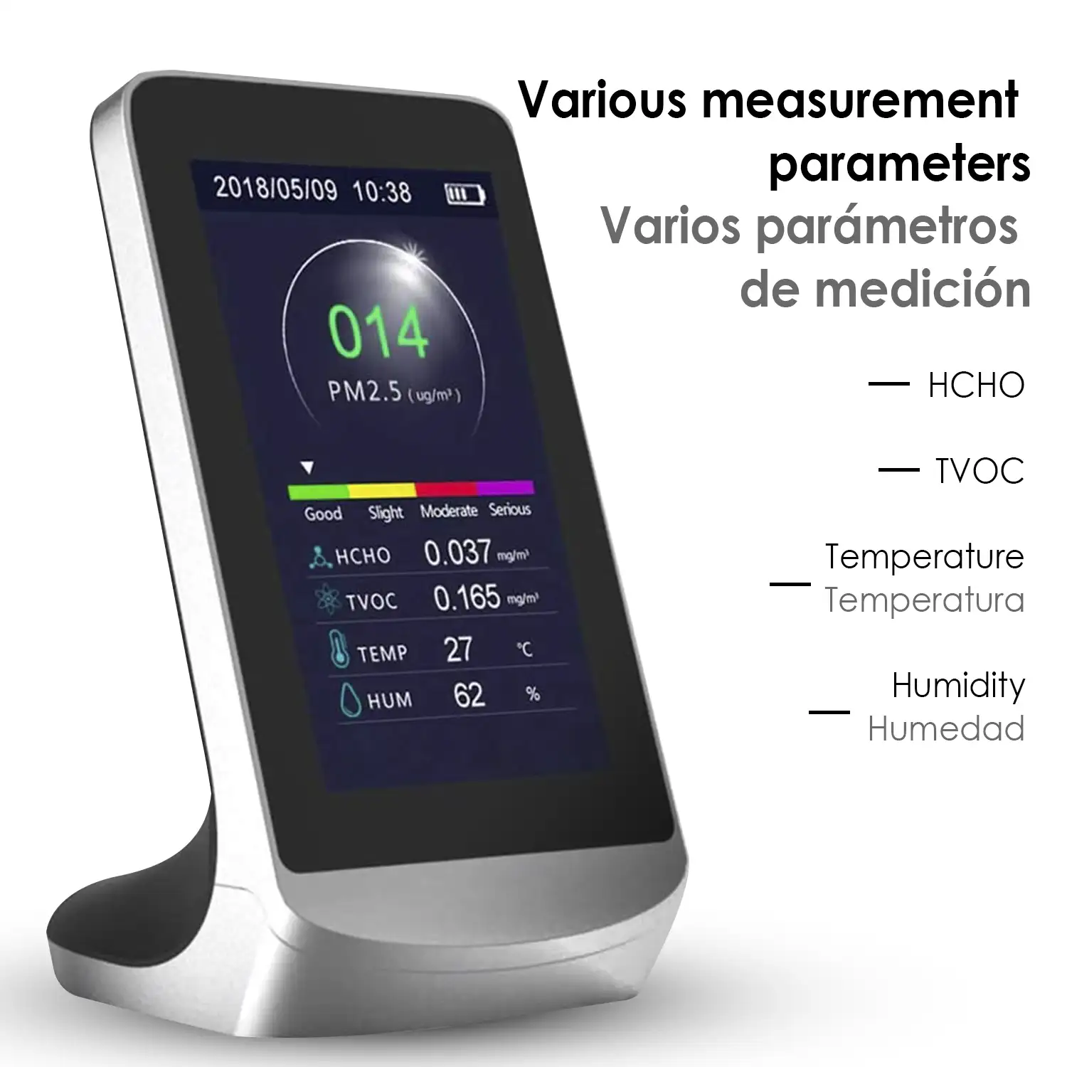 Monitor de calidad de aire para interior. Pantalla color LCD, reloj, termómetro, higrómetro.