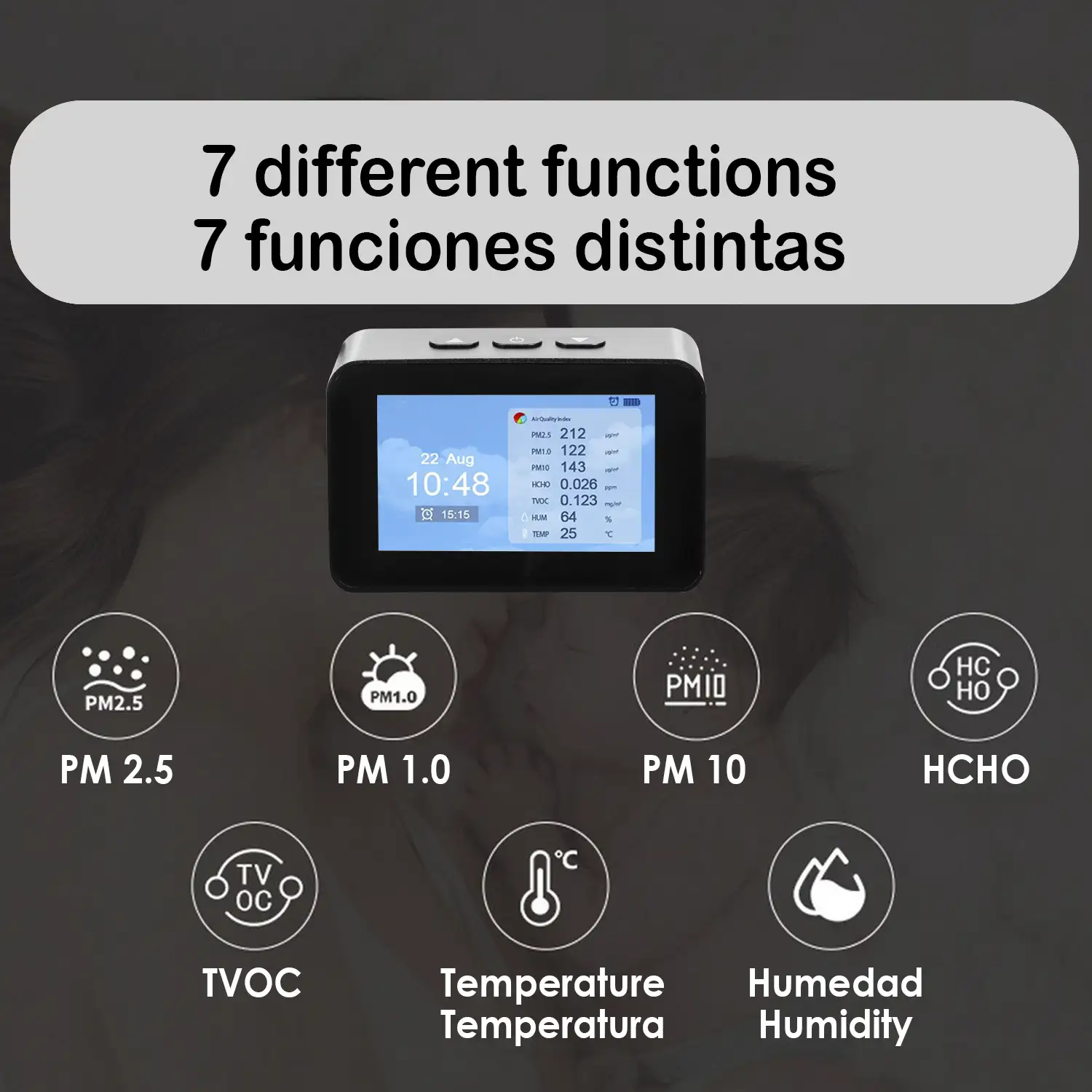 Medidor de calidad de aire interior con termómetro e higrómetro. Pantalla LCD a color.